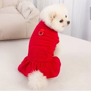 Red Dog or Cat Fleece Dress with Harness Loop and Pockets